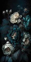 Sticker - Generative AI, Close up of blooming flowerbeds of amazing teal flowers on dark moody floral textured background. Vertical format.