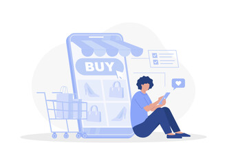 Canvas Print - A woman buys things in an online store, online shopping. Modern vector flat illustration