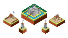 Isometric Medieval Buildings With Castle, Barracks, Farm, Towers.  Customizable Vector Graphics. Illustration Medieval Town, And City Buildings, Wall And Fortress