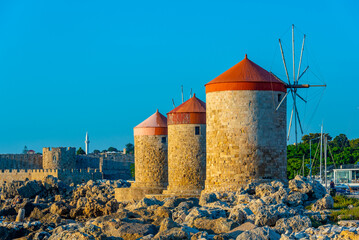 Poster - Ancient windmills at the port of Rhodes, Greece