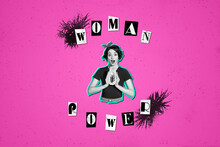 Magazine Poster Banner Collage With Woman Power Concept Female Must Stand Together Pink Retro Colored Background