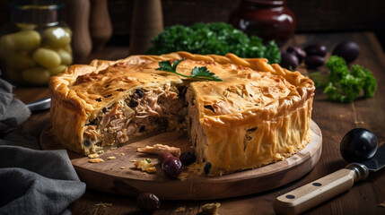 Canvas Print - Tuna pie with onions and olives Generative AI