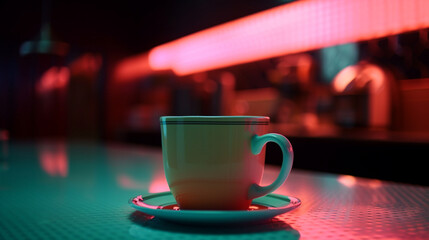 Wall Mural - Cup of tea on a retro neon kitchen background Generative AI