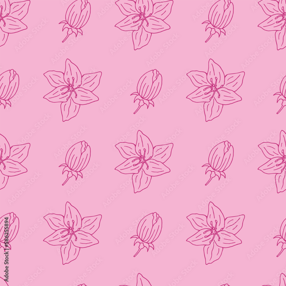 Seamless pattern with pink flowers on light pink background. Vector image.