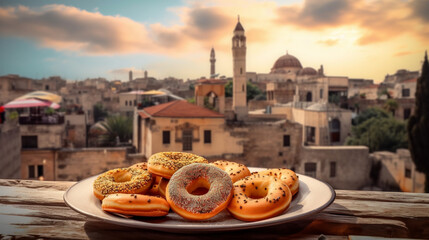 Poster - Plate with donuts on an ancient city background Generative AI