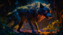 Full Moon Shapeshifters - Fantasy Werewolf In The Enchanted Forest , Cursed Mythical Beast In The Wilderness Landscape. Generative AI.	