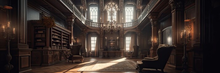 Wall Mural - Ancient stately home interior with a beautiful library and club sofas, generative AI