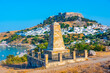 Monument of Ioannis Zigdis and Acropolis of Lindos in Rhodes, Greece