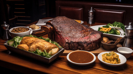 Poster - A Texas steakhouse with giant cuts of meat Generative AI