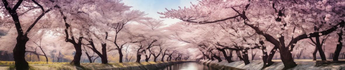 Wall Mural - cherry blossoms in full bloom over a tranquil river. a field of cherry trees. japanese cherry blosso