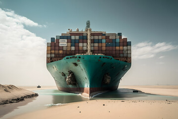 Wall Mural - Container cargo ship accident crash sandy canal. Concept Global problem with marine traffic. Generation AI