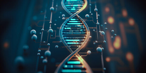 Medical blue Banner with sun light, Spiral technology innovation DNA code of genetic human polygonal. Generation AI