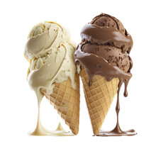 A Summer-themed Illustration Featuring A Vanilla And Chocolate Ice Cream Cone Dripping Set On A Transparent Background And Provided In PNG. Generative AI