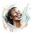 Natural beauty happy and smiling middle aged African American woman surrounded with splashes of water and enjoying this refreshing feeeling, watercolor illustration (Generative AI). Skin and haircare 