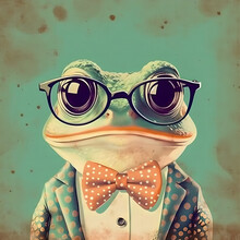 Hipster Frog In 50s Vibes Portrait, Retro Halftone Style, Generative AI