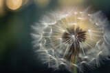 Fototapeta Dmuchawce - Close - up image of a dandelion seed head with a wide aperture. Generative Ai