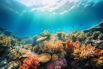 An image of a vibrant coral reef teeming with colorful marine life taken with an underwater wide. Generative Ai