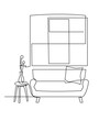 Modern living room interior vector illustration. Leisure place for relaxation with sofa and pillow continuous one line drawing. Window or painting on the wall. Simple interior sketch.