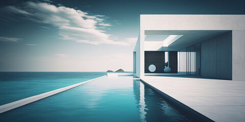 Luxury modern villa with pool and ocean on horizon background Generative AI