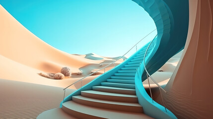 Wall Mural - Desert landscape with sand dunes and mirror stairs under the clear blue sky. Generative Ai