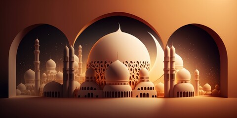 Generative AI illustration of mosque in arabic style. Ramadan Kareem background