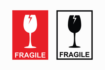 Red and black fragile warning label, fragile label with broken glass symbol, vector sticker fragile,