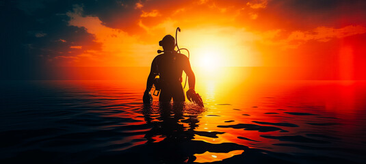 Canvas Print - An image of a scuba diver in silhouette against a stunning sunset