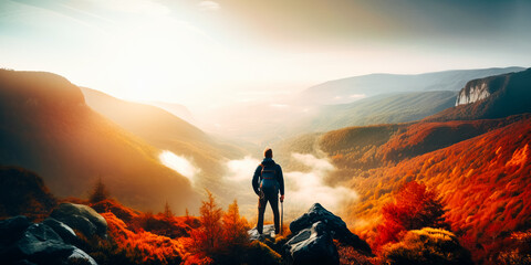 Wall Mural - Man on the mountain peak looking on mountain 