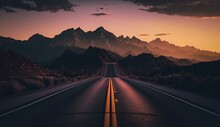 Stunning Mountain Vista With A Highway And Sunset
