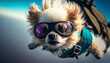 Closeup portrait of an excited looking pekinese dog skydiving through the air in free fall, with a cloudy blue sky as the backdrop. Made with generative AI.