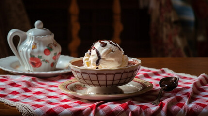 Poster - ice cream cup on a table with a nice tablecloth Generative AI