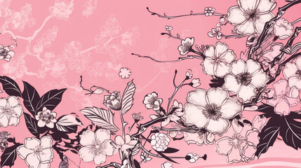 Poster - Flower blossom pattern on pink background Japanese Generative AI