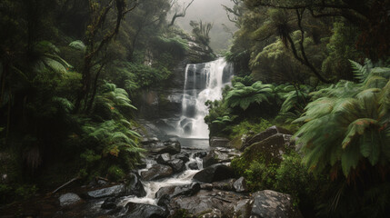 Poster - A secluded waterfall with cascading water and misty Generative AI