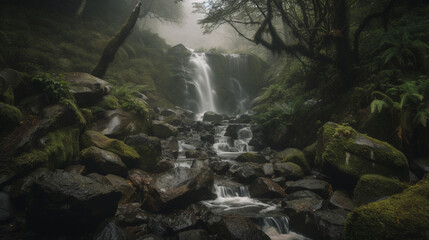 Poster - A secluded waterfall with cascading water and misty Generative AI