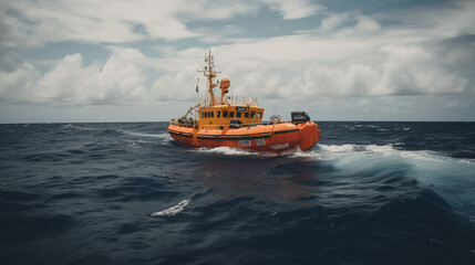 Poster - A rescue boat going to save lives on the high seas Generative AI