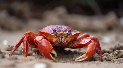 Sticker - A red crab crawling in the sand Generative AI