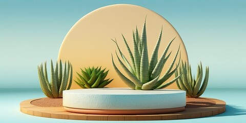 Empty podium, natural mock up display, blank eco plants stand cosmetic product fashion ads on minimal branches leaves aloe background. Luxury pedestal nature mockup scene platform ai generative