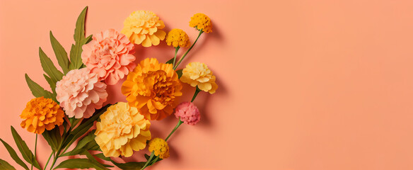 Spring marigold flowers on pink pastel background top view in flat lay style. Greeting for Womens or Mothers Day or Spring Sale Banner. Generative Ai.