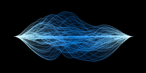 Wall Mural - Abstract glowing blue wireframe sound waves, visualization of frequency signals audio wavelengths, futuristic technology waveform background