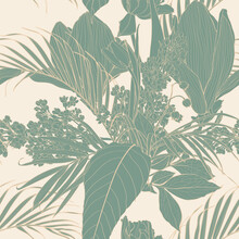 Exotic Flowers And Palm Leaves Illustration. Line Blue Beige Seamless Pattern.