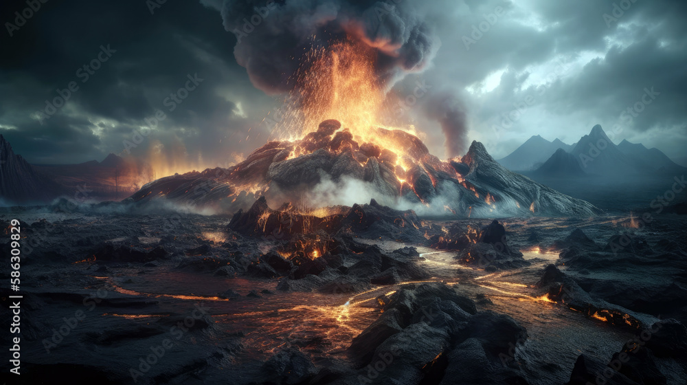 volcano erupting with lava, smoke, ash, dark and stormy sky, lava flows ...