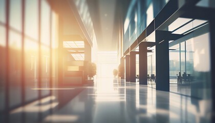 Wall Mural - Business blur background office building lobby hall interior of white empty room with blurry light from glass wall window