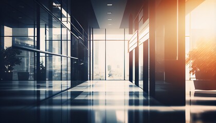 Wall Mural - Business blur background office building lobby hall interior of white empty room with blurry light from glass wall window