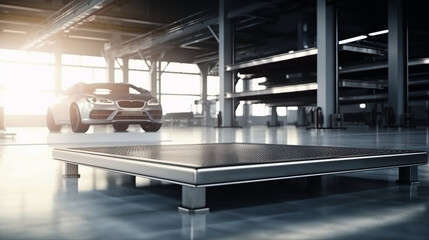 Empty metal platform for displaying products, blurred car workshop in background. Generative AI.