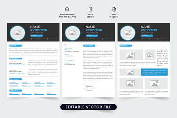  Creative resume template design with employee portfolio. Job application CV layout and cover letter design with aqua blue and dark colors. Corporate office employment resume template vector.