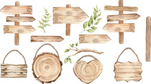Wood Slice And Sign Watercolor Clipart PNG. Woodland WeddingWood Slice, Wooden Sign With Old Texture. Watercolor Painted Illustration. Tree Board Clipart PNG. Woodland Decoration