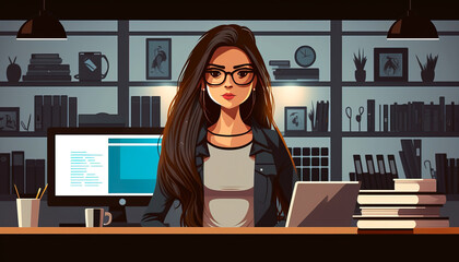 Banner image of a female programmer in a corporate management setting - ai generated