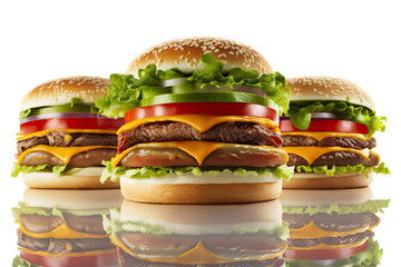 a restaurant-themed photographic illustration featuring an isolated group of juicy cheeseburgers with lettuce, tomato, onion, and cheese, set on a transparent background in PNG. Generative AI