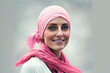 portrait of a woman, Portrait of a middle-aged woman with a scarf on her head, symbol of the fight against cancer, image created with ia.
