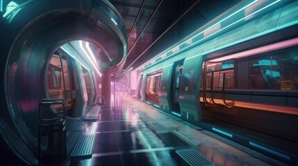 Conceptual design of a fast electric subway in a futuristic city, featuring harmonious overlays and blending 3D digital illustration with matte painting. Created by AI.